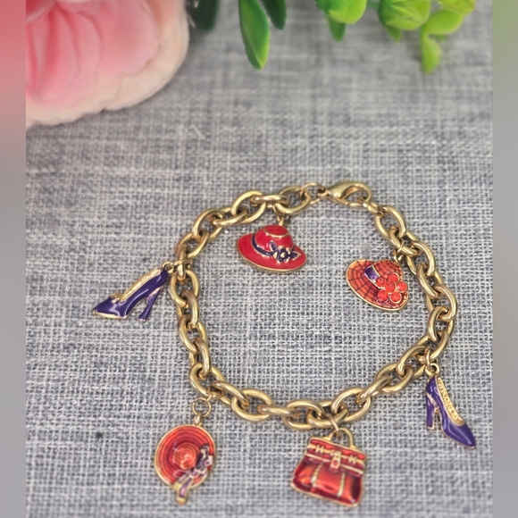 Red Hat Society Jewelry - Vintage Red Hat Society 6 Charms Bracelet Gold Tone Chain, Purse,‎ Hats & Shoes